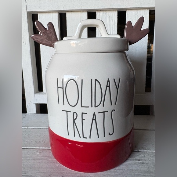 Rae Dunn Festive Reindeer Cookie Jar - Red and Brown - Picture 3 of 3